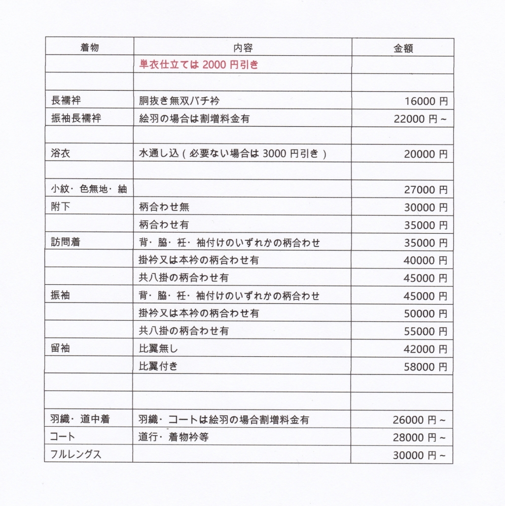 着物料金表 | 着物仕立てと採寸 東京『仕立屋凛』